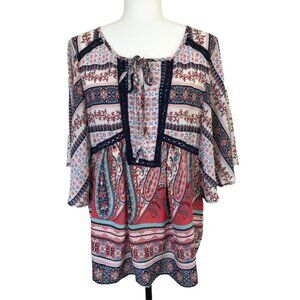 FIG & FLOWER Boho Floral Tunic Blouse Size XL Semi Sheer Crochet Detail